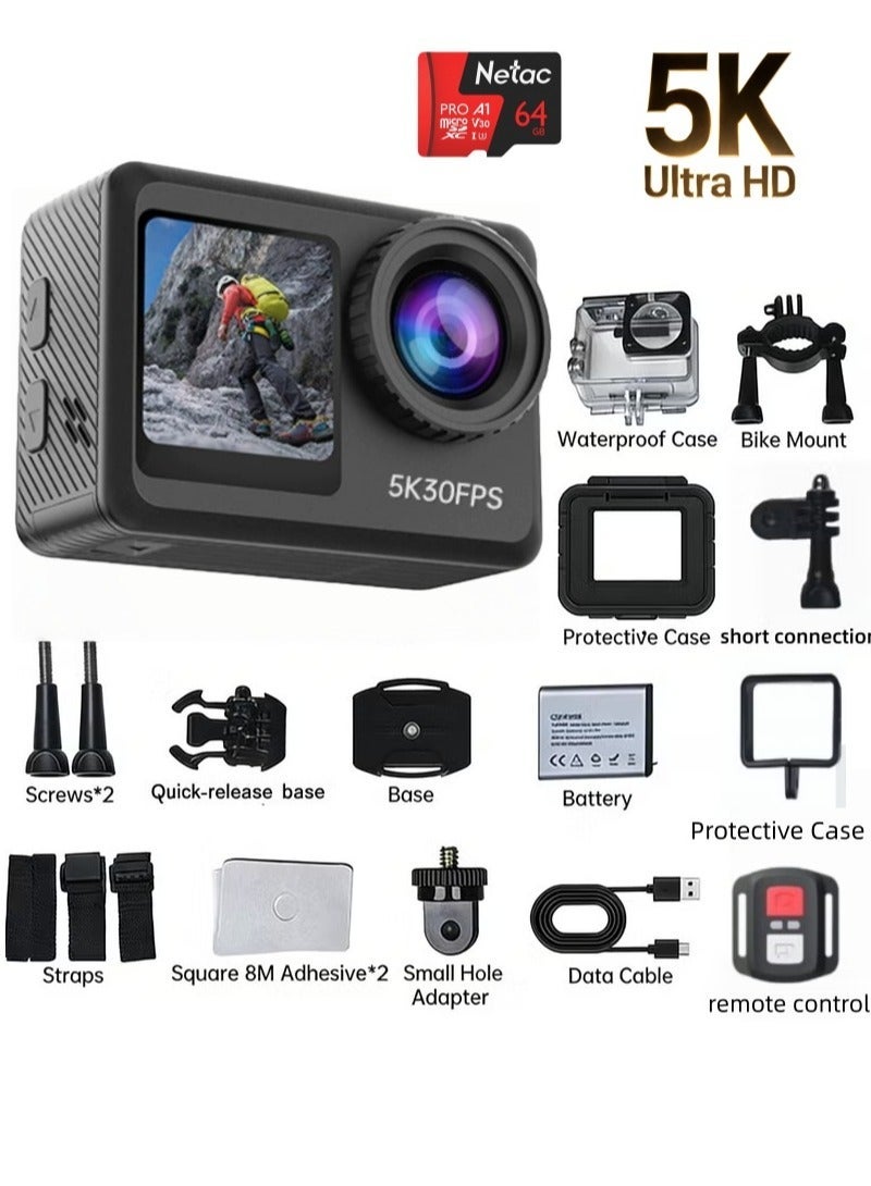 Lecran True 5K Ultra HD Action Camera, WIFI, Remote Control, 64GB Card, Dual Color Screens, Dual Batteies,  Anti-Shake for Cycling & Waterproof for Diving - Image 1